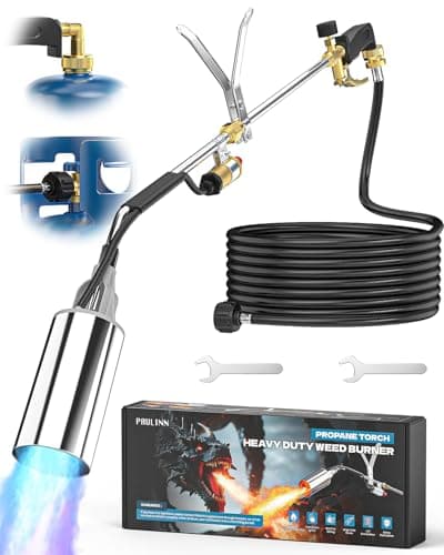 PAULINN Propane Torch Weed Burner, High Output 340,000 BTU Flamethrower with QCC 12 FT Hose, Compatible with 1 lb Propane cylinders and Any Standard 5–100 lb Tanks, Self-Ignite & Dual Flame Control