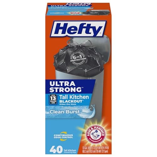 Hefty Ultra Strong 13 Gallon Trash Bags, Black Tall Kitchen Trash Bags 13 Gallon Size, Break Resistant Drawstring Enclosure, Continuous Odor Control, Blackout, Clean Burst Scent, 40 Bags