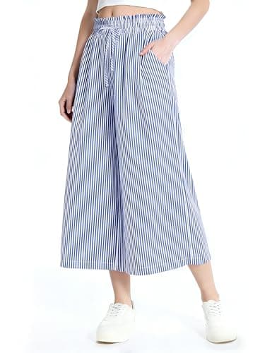 Rapbin Wide Leg Capri Pants for Women Plaid Striped Cropped Palazzo Pants with Pockets Flowy Elastic Waist Culottes (Navy Blue White Stripes, L)