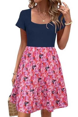 Newshows Women's Summer Dress Square Neck Patchwork A Line Beach Vacation Sundress Semi-Formal Work Business Teacher Outfits with Pockets(Pink Floral Red,M)