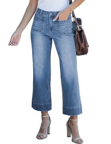 luvamia Wide Leg Jeans for Women Trendy High Waisted Flare Jeans Cropped Denim Pants Stretchy Baggy with Patch Pockets Blue Tides Size 16 Size 18