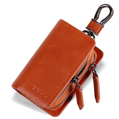 VISOUL Car Key Case Holder Double Zipper, Leather Car Smart Key Fob Case with Keychain for Men and Women-Dark Orange