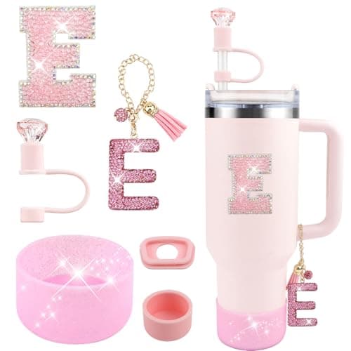 Hpebl 6PCS Light Pink for Stanley Cup Accessories Set 30/40 OZ Bling Rhinestone Initials Charms for Stanley Decorations Tumbler Accessories Including Diamond Straw Topper, Spill Stopper(Letter A)