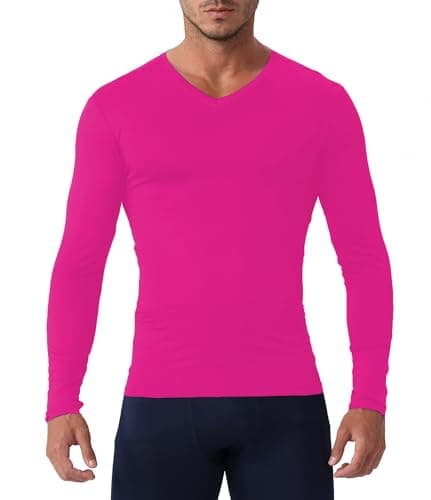 Queerier Men's Compression Shirt V Neck Long Sleeve Workout Shirts Athletic Gym Undershirts Active Sports Base Layer Tops/Hot Pink