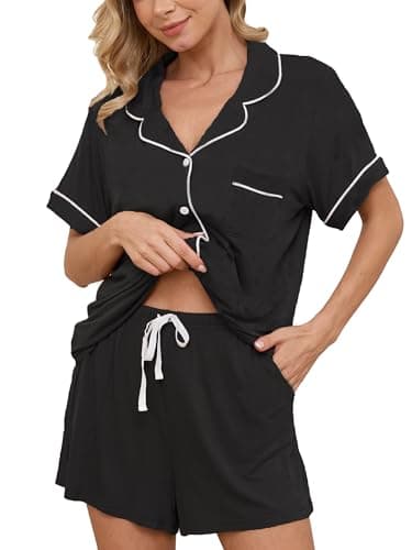 FENNAT Pajama Sets for Women 2 Piece Soft Button Down Pj Sets Sleepwear Short Sleeve Loungewear Shorts with Two Pockets,Black,Small