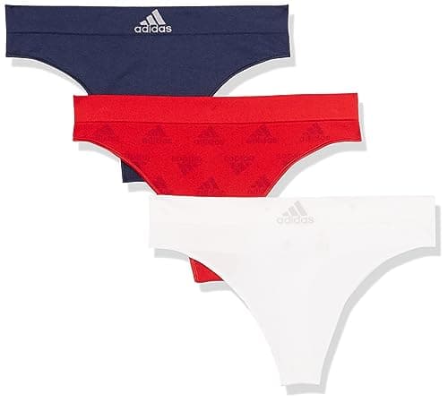 adidas Women's Seamless Thong Underwear 3-pack, Vivid Red W. Logo Jacq/White/Night Indigo, Small