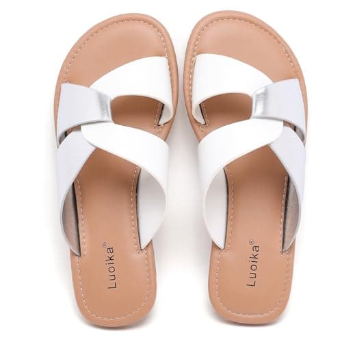 Luoika Women's Wide Width Flat Slides Sandals, Strapy Slide Sandal Slip on Dressy Summer Shoes for Women. 210901 White Silvery 11.5XW
