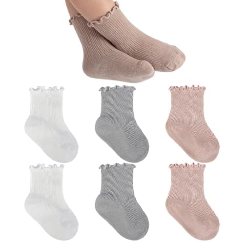 MKYSZLT 6 Pairs Baby Infant Toddler Girls Ruffle Socks Cute Soft Cotton School Uniform Frilly Dress Crew Socks Little Kids (US, Age, 1 Year, 3 Years, White,pink,grey)