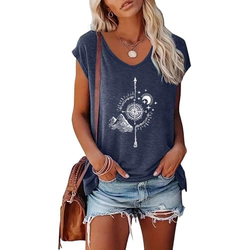 YITAN Women's Compass Mountain Graphic T-Shirt V-Neck Cap Sleeve Tops Heather Navy XX-Large