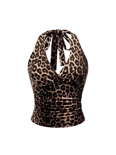 WDIRARA Women's Leopard Print Ruched Halter Crop Tops V Neck Tie Back Sleeveless Slim Fit Cami Tops Multicolor Leopard Large