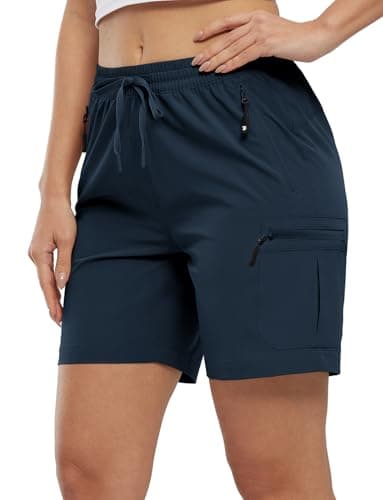 BASUDAM Women's Athletic Shorts Quick Dry Cargo Lightweight Zipper Pockets Summer Outdoor Hiking Running Navy L
