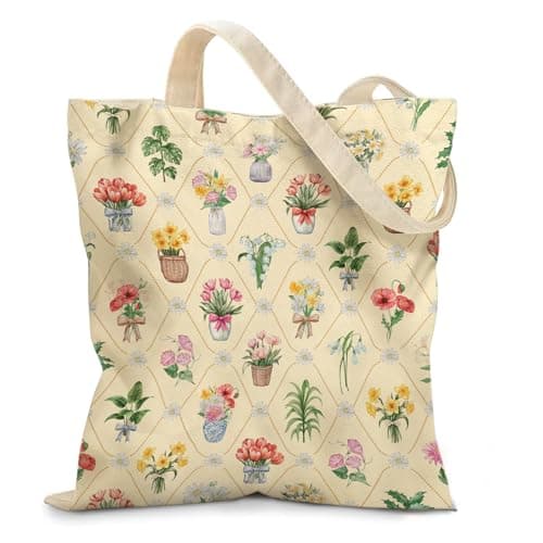 Ialtsidws Vintage Floral Aesthetic Canvas Tote Bag - Pink Bow Tie Theme Design | Zippered Inner Pocket & Magnetic Snap Closure, Daily Use, Gifts for Women, Birthday Graduation Gift