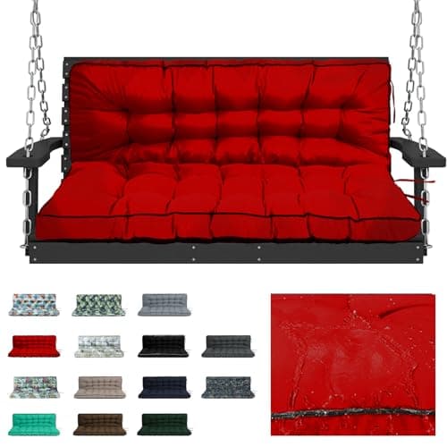 RUFXIEZW Waterproof Porch Swing Cushion Replacement, Thick 2–3 Seat Swing Seat Cushion with Backrest & Ties, Outdoor Bench Cushion for Patio Garden Porch Furniture (Red, 40 x 55 in)
