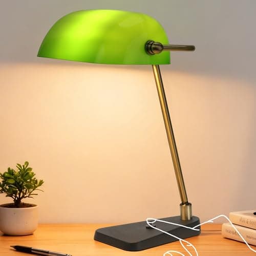PYKZLU Green Bankers Desk Lamp, Antique Brass Frame & Black Base