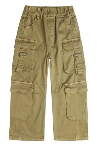 KIDSCOOL SPACE 8-Pocket Girls Wide-Leg Denim Pants, 5-14T Ribbed Elastic Waist with D-Ring Loops Cargo Jeans,Khaki,4-5 Years