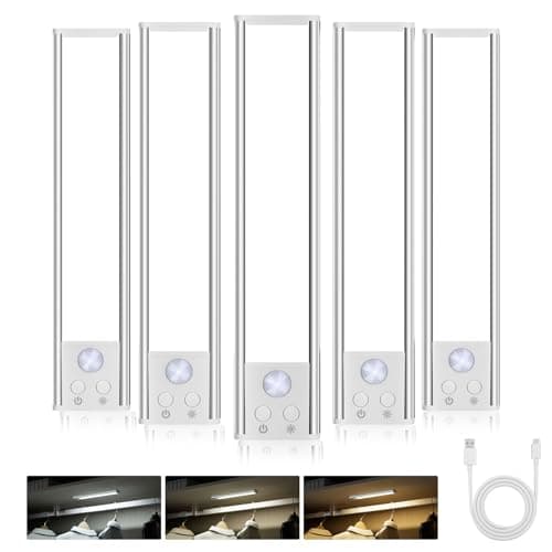 Diomart Under Cabinet Lights Motion Sensor, Rechargeable Puck Lights Wireless with Adhesive, Dimmable Kitchen Closet Lighting, 3 Color Temperature Adjustable, Auto On/Off for Stairs, Counter, 5 Pack