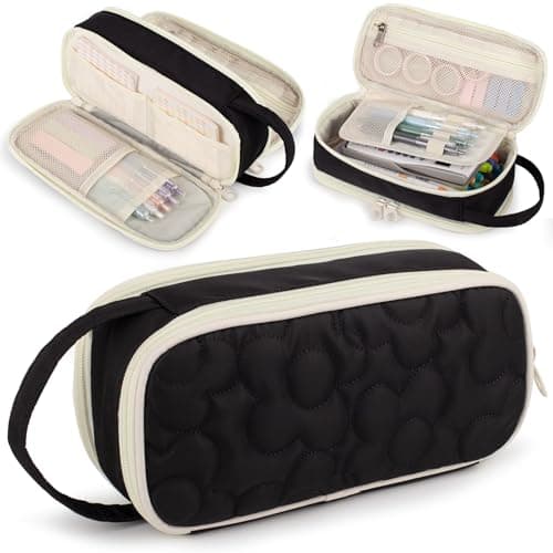 Quilted Pencil Case Bag Large,2 Compartment Pen Pouch with Handle for Girls