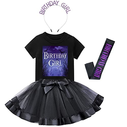 Tutu and Sian Gothic Style Birthday Girl Outfit: T-shirt, Tutu Skirt Dress, Birthday Girl Crown and Satin Sash (Dark, 7 Years)