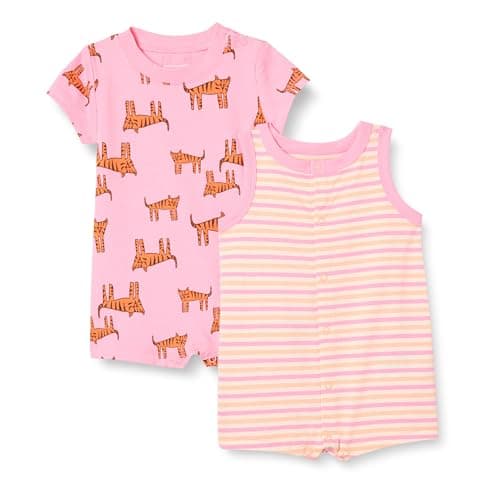 Amazon Essentials Unisex Babies' Cotton Jersey Sleeveless and Short-Sleeve Romper Set, Pack of 2, Pink Tiger/Stripe, 3-6 Months