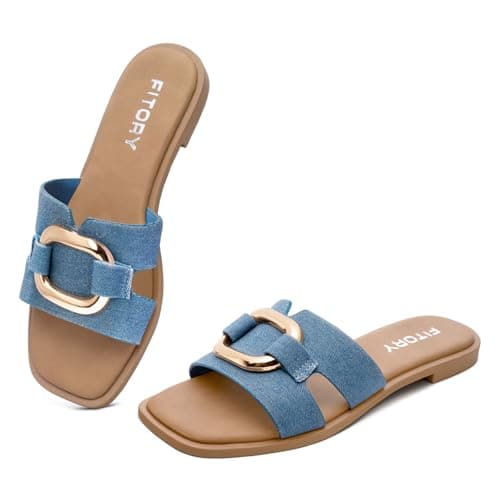 FITORY Women's Flat Sandals Fashion Square Open Toe Slides With Metal Chain Slippers for Summer Size 7 Blue