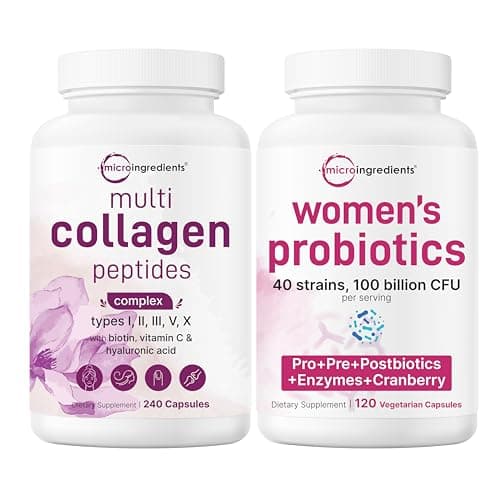 Micro Ingredients 8-in-1 Multi Collagen Pills & Women’s Probiotics 100 Billion CFU Veggie Capsules | 2 Pack | Hydrolyzed Peptides + Hyaluronic Acid & Vitamin C | 40 Strains + Cranberry & D-Mannose