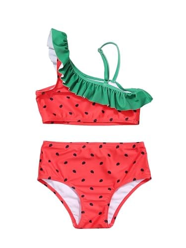 LIZENS Two-Pieces Girls Swimsuit Watermelon Printed Bikini Sets Ruffle Girls Bathing Suit(BL061,5-6T)