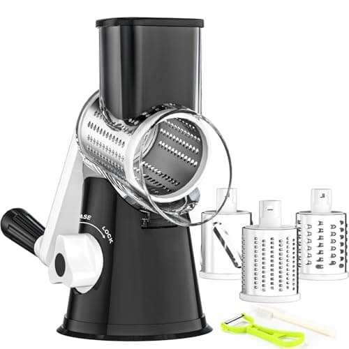 Ourokhome Rotary Cheese Grater Hand Crank, Kitchen Shredder Speed Mandolin Slicer Nuts Grinder with Handle and Drum Blades for Cheese, Vegetable, Walnut, Chocolate, Potato, Carrot, 3 Blades, Black