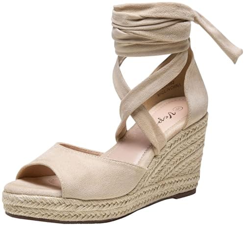 Vepose Women's Espadrille Wedge Sandals, Nude Rome 882 Open Toe Lace Up Platform Wedges, Comfortable Ankle Wrap Heels for Summer, Wedding, Beach, Casual, Size 6M US (CJY882 Nude 06)