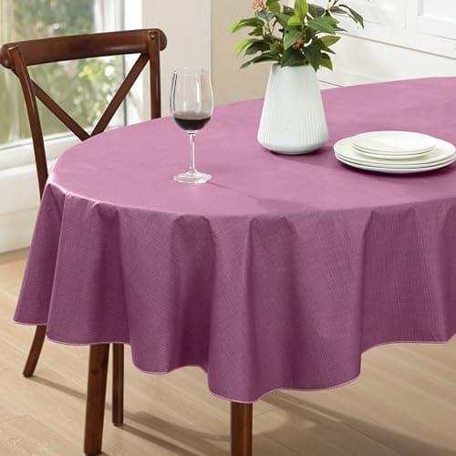 Lintex Cafe Hotel Linen Look Vinyl Flannel Backed Tablecloth, Heavyweight 4 Gauge, 60 x 84 Inch Oval, Burgundy Indoor Outdoor Waterproof Wipe Clean Table Cover