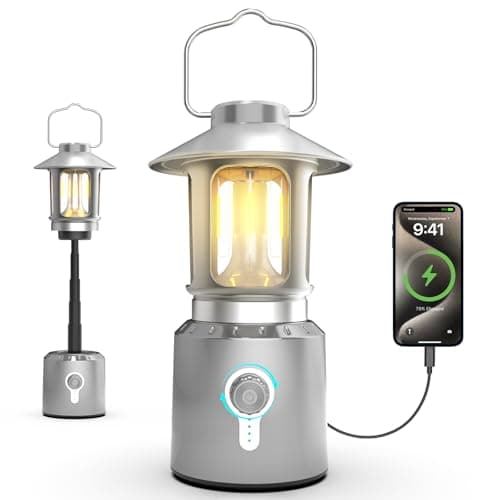 KOBAIBAN Rechargeable Camping Lantern 8000mAh, Telescoping Lighting Camping Light, 3 Light Modes Hanging Vintage Lantern, Portable Waterproof Tent Light for Hiking, Power Outages, Emergency (Silver)