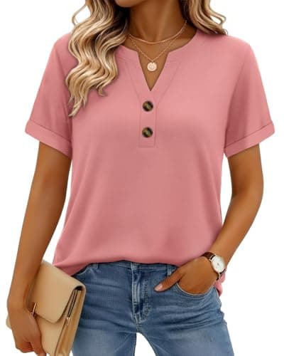 rosemia Henley Shirts for Women Short Sleeve Dressy Casual Blouses Summer V Neck Plus Size Tops 2026, Coral Pink, M