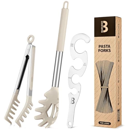 Silicone Spaghetti Spoon & Pasta Tong With Pasta Measurer, 3 Pack of Non-Stick Stainless Steel Handle Pasta Fork Set with Teeth, Food Clip for Easy Serving of Noodles (KHAKI)