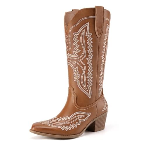 Athlefit Women's Square Toe Cowboy Cowgirl Boots Low Chunky Heel Embroidery Western Mid Calf Boots for Country Concerts, Tan, Size 8, AD00754