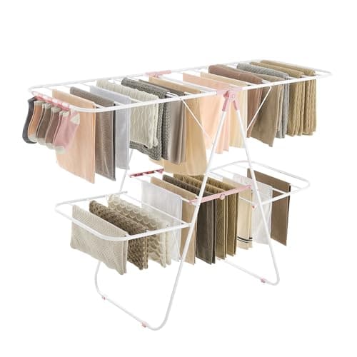 SONGMICS Clothes Drying Rack, Foldable 2-Level Laundry Drying Rack, Free-Standing Laundry Airer, with Height-Adjustable Wings, 33 Drying Rails, Sock Clips, White and Pink ULLR053P01V1
