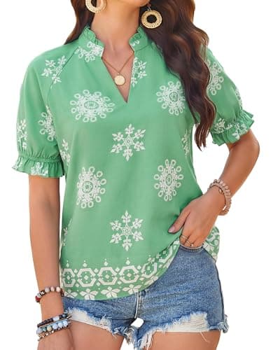 GRACE KARIN Womens Boho Tops Summer Spring Cotton Floral Blouses Short Sleeve Print Shirts V Neck Beach Vacation Clothes 2026 Green Boho Floral XX-Large