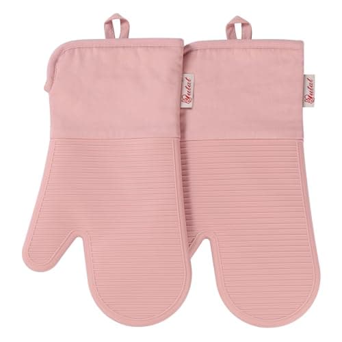 YUTAT Silicone Oven Mitts,High Heat Resistant Up to 500 Degrees,Waterproof Cooking Gloves with Soft Polyester Filling,Kitchen Potholder Set - Perfect for BBQ,Baking and Cooking,Pink,2 Pcs Set