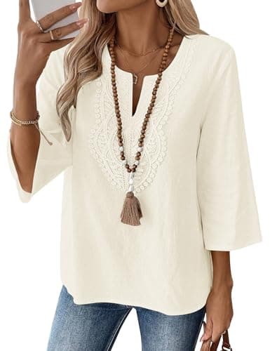 LOMON Womens Spring Tops 3/4 Length Sleeve Womens Tops Dressy Casual V Neck Lace Blouses Loose Fit Cotton Linen Shirts(Apricot,l)