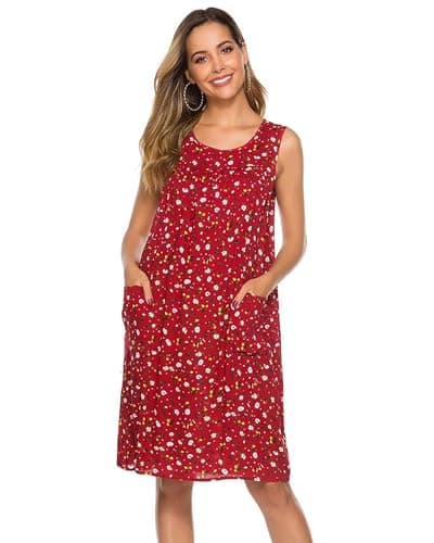 POGTMM Women Sleeveless Shift Dress Sundress Floral Print House Dresses for Women with Pockets (S, B-Tulip Red)