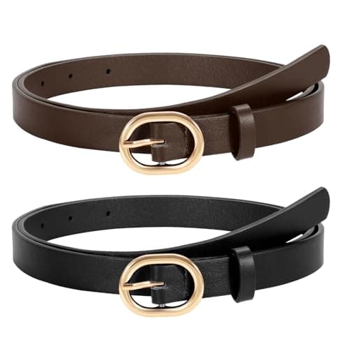 WERFORU 2 Pack Women's Skinny PU Leather Belt with Gold Buckle Ladies Thin Leather Leather Plus Size Waist Belt for Jeans Dress (Black+Coffee,Fit Waist Size 37-41 Inches