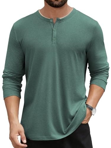 Hardaddy Men's Long Sleeve Henley Shirts Casual Color Block Henley Button T-Shirt Tops Green XL
