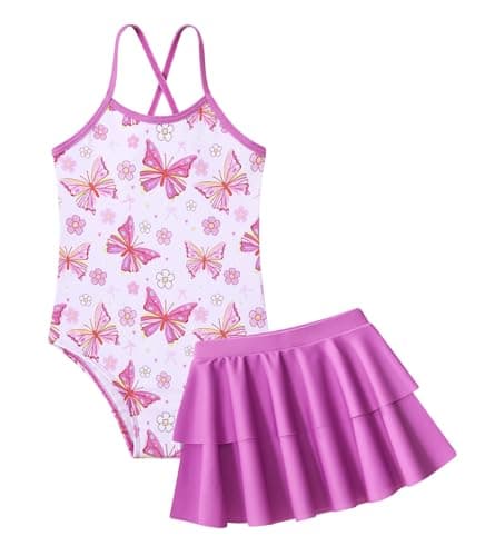 Butterfly Swimsuit for Toddler Girl 3t 4t Kids One Piece Swimsuit with Skirt Cute Purple Bathing Suits Sleeveless Beachwear
