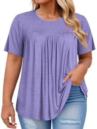 Plus Size Tunics Tops for Women Summer Going Out Short Sleeve Cozy Fashion Crewneck 2X Elegant Flowy Pleated Shirts Purple