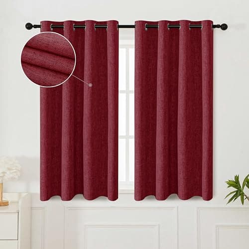 INLINAS Faux Linen Knotted Texture Blackout Curtains - 100% Light Blocking, Noise Reducing Triple Layer Fabric Grommets Top for Bedroom, Set of 2, Burgundy Red, 52 x 45 Inch