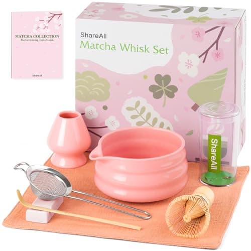 ShareAll Matcha Whisk Set – 7-Piece Matcha Set & Complete Matcha Kit with Glossy Pink Ceramic Bowl, Bamboo Chasen, Sifter – Coffee Alternative, All-in-One Lattes & Tea Ceremony, Gift for Her (Pink)