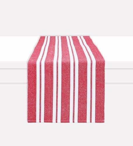 PurpleEssences Double Stripe Ribbed Woven Table Runner Dining Room Boho Farmhouse Decor - Spring Easter Summer - 14 x 90 Inch - Red and White