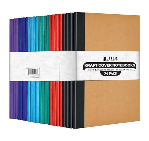 Better Office Products 24 Pack Small Kraft Notebooks, 4.1 in x 5.5 in, 120gsm, 48 Heavyweight Unlined Blank White Pages, Assorted Vibrant Color Spines, Soft Cover Mini Notebooks, Art Sketchbooks