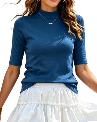 Bluetime Women's Mock Turtle Neck Tops Slim Fit Half Sleeve Casual T Shirt Tight Tee Shirts (S, Navy Blue)