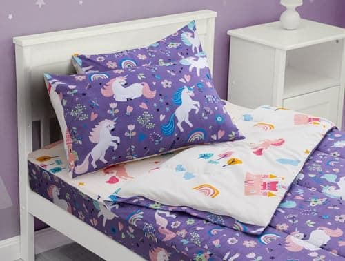 Meeting Story 3pcs Kids Comforter Sets Zipper Bedding Set for Girls,Twin Kid Bedding Set Rainbow Comforter Unicorn Bedding for Kid,All in one Zipper Bedding(Purple,Twin)