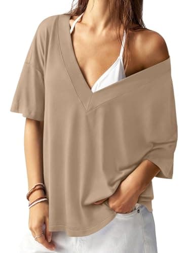 REORIA Women's Trendy Oversized V-Neck T Shirt Short Sleeve Off The Shoulder Contrast Stitching Loose Fit Tops for 2026 Spring Summer Khaki XX-Large