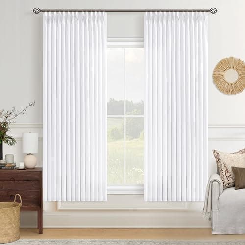 White Pinch Pleated Curtains 63 Inch Length for Living Dining Room Kitchen Linen Blend Light Filtering Pinch Pleat Semi Sheer Drapes Back Tab 2 Panels Set Snow White Bedroom Window Curtains 40x63